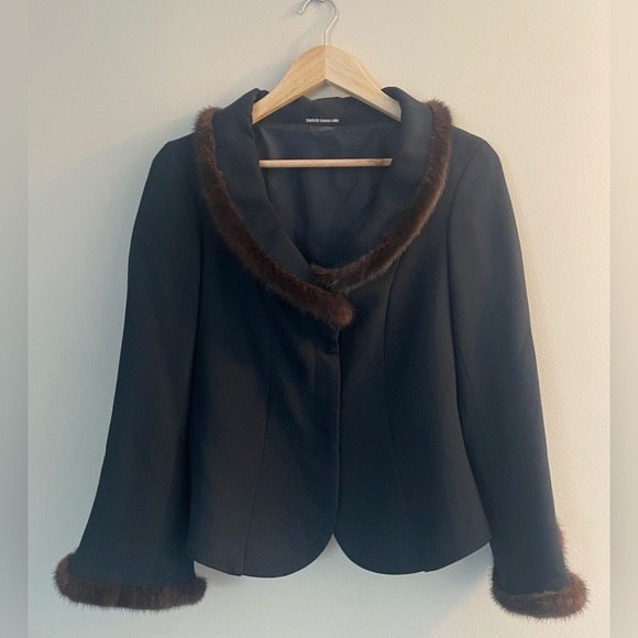 Charles Chang-Lima Jackets & Blazers - CHARLES CHANG-LIMA Black Wool Blend Blazer Silk Lining Fur Trim Corset Back #241